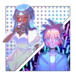  1girl 2girls amaryllis_(dr._stone) black_hair blue_eyes blue_hair blue_jacket blush bow brown_hair choker closed_eyes commentary dark-skinned_female dark_skin dr._stone dreadlocks dress english_commentary glowstick hair_bow hair_ribbon highres holding holding_microphone implied_yuri jacket jewelry kohaku_(dr._stone) koharyllis long_hair microphone multiple_girls necklace open_mouth pearl_necklace ponytail puffy_short_sleeves puffy_sleeves ribbon short_sleeves smile star_(symbol) star_necklace surprised teeth upper_teeth_only very_dark_skin white_choker white_dress 