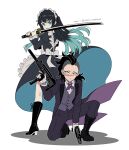  >:( 2boys alternate_costume apron aqua_eyes aqua_streaks back_bow black_boots black_dress black_eyes black_hair black_jacket black_pants black_suit boots bow closed_mouth coattails commentary_request cross_tie crossdressing crossdressing_(mtf) dated dress enmaided frilled_apron frills full_body gloves grey_vest gun handgun holding holding_gun holding_sword holding_weapon jacket juliet_sleeves katana kimetsu_no_yaiba long_hair long_sleeves looking_at_viewer machine_gun maid maid_apron maid_headdress male_focus male_maid mohawk multiple_boys neck_ribbon nightcat on_one_knee open_clothes open_jacket pants puffy_sleeves ribbon scar scar_on_cheek scar_on_face shinazugawa_genya simple_background standing suit suit_jacket sword tokitou_muichirou twitter_username v-shaped_eyebrows vest weapon weapon_request white_apron white_background white_gloves 