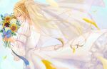  1girl artist_name blonde_hair bouquet braid bridal_veil bride closed_eyes commentary_request dress flower from_side half_up_braid happy highres holding holding_bouquet inda_karane kimi_no_koto_ga_dai_dai_dai_dai_daisuki_na_100-nin_no_kanojo long_hair oknomyk open_mouth petals smile solo sunflower sunflower_petals twitter_username veil wedding_dress white_dress 