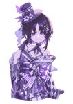  1girl amerika_juu_pan bare_shoulders black_choker black_gloves black_hair black_hat black_ribbon bow breasts butterfly_hair_ornament checkered_clothes choker cleavage closed_mouth collarbone commentary_request cowboy_shot cropped_legs flower frilled_choker frills gloves hair_ornament hand_on_own_face hand_up hat hat_flower highres housho_margo japanese_clothes kimono long_sleeves looking_at_viewer mahou_shoujo_no_majo_saiban medium_breasts mini_hat mini_top_hat neck_ribbon obi obiage obijime off_shoulder parted_bangs print_kimono purple_eyes ribbon sash short_hair simple_background smile solo split_mouth standing top_hat white_background white_flower wide_sleeves 