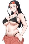  1girl absurdres armpit_crease bikini black_bikini black_hair blue_eyes breasts cleavage closed_mouth collarbone commentary_request eyewear_on_head forehead highres kiru_(bsesso) large_breasts looking_at_viewer navel nico_robin one_piece red-tinted_eyewear sarong simple_background smile solo stomach sunglasses swimsuit tinted_eyewear white_background 