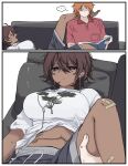 ... 1boy 1girl bandaid bandaid_on_knee bandaid_on_leg barefoot book breasts brown_hair closed_eyes couch dark-skinned_female dark_skin earbuds earphones expressionless genderswap genderswap_(ftm) genderswap_(mtf) grey_shorts hair_between_eyes half-closed_eyes hand_on_own_stomach heathcliff_(project_moon) highres ishmael_(project_moon) large_breasts limbus_company lying ngancurindunia on_back on_couch open_book orange_hair pillow project_moon purple_eyes reading red_shirt shirt short_hair shorts sitting spoken_ellipsis thighs tomboy white_shirt yawning 
