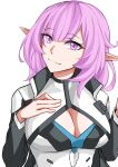  1girl absurdres black_coat breasts cleavage coat commentary_request cosplay elf elysia_(honkai_impact) highres honkai_(series) honkai_impact_3rd kevin_kaslana kevin_kaslana_(cosplay) korean_commentary large_breasts long_hair looking_at_viewer pink_eyes pink_hair pointy_ears pyeong_il shirt simple_background smile solo upper_body white_background white_shirt 