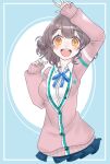  1girl :d arms_up blue_background blue_ribbon blush breasts brown_hair highres long_sleeves medium_hair pink_sweater ribbon shirt skirt sleeves_past_wrists small_breasts smile solo sweater tsurara6119 white_shirt yellow_eyes 