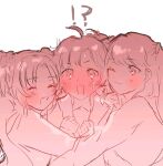  !? 3girls :d ;3 ^_^ ahoge anyoji_hime blush closed_eyes commentary fang flower fujishima_megumi full-face_blush girl_sandwich hair_flower hair_ornament hasu_no_sora_school_uniform highres hug link!_like!_love_live! long_hair long_sleeves love_live! monochrome multi-tied_hair multiple_girls one_eye_closed open_mouth osawa_rurino parted_bangs pink_theme ponytail sailor_collar sandwiched school_uniform shiki_820 simple_background smile surprise_hug surprised twintails two_side_up virtual_youtuber white_background winter_uniform 