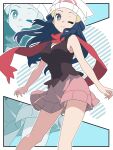  1girl beanie blue_hair breasts commentary_request cowboy_shot dawn_(pokemon) grey_eyes hat highres kanbei_(pixiv11037490) long_hair looking_at_viewer medium_breasts miniskirt one_eye_closed panties pantyshot pink_skirt pokemon pokemon_dppt red_scarf scarf shirt skirt sleeveless sleeveless_shirt solo thighs underwear white_hat zoom_layer 