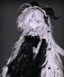  1girl :o akama_chlorine alt_text bib_collar black_bow black_bowtie black_dress black_hat blue_eyes bow bowtie collared_shirt commentary_request cowboy_shot dress frilled_shirt_collar frills grey_background hair_bow hat high_collar highres jester_cap juliet_sleeves long_hair long_sleeves messy_hair multiple_hair_bows original pale_skin parted_bangs parted_lips pointy_ears puffy_sleeves shirt shirt_under_dress simple_background solo standing very_long_hair white_hair white_shirt 