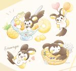  :3 :d :o ;3 ;d absurdres balloon blush_stickers brown_eyes character_name closed_eyes commentary_request emolga food fruit heart_balloon highres ice_cream lemon lemon_slice mandarin_orange_slice mofucoffee multiple_views no_humans one_eye_closed open_mouth pineapple pineapple_slice pokemon pokemon_(creature) pokemon_focus smile spoon typo 