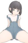  1girl 1ssakawaguchi absurdres ahoge arm_support ass_visible_through_thighs black_hair blue_eyes blue_overalls blunt_bangs blunt_ends blush bob_cut breasts closed_mouth commentary cutoffs denim expressionless feet_out_of_frame head_tilt highres ichika_(1ssakawaguchi) leaning_back looking_at_viewer loose_hair_strand original overall_shorts overalls raised_eyebrows shirt short_hair short_shorts short_sleeves shorts simple_background sitting small_breasts solo spread_legs straight-on strap_slip t-shirt thighs white_background white_shirt 