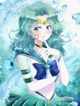  1girl aqua_background aqua_hair aqua_skirt bishoujo_senshi_sailor_moon bishoujo_senshi_sailor_moon_crystal bishoujo_senshi_sailor_moon_stars blue_eyes brooch choker commentary_request earrings elbow_gloves gloves highres jewelry kaiou_michiru long_hair looking_at_viewer magical_girl sailor_collar sailor_neptune sailor_senshi_uniform see-through_clothes see-through_sleeves shiiba_itsuki short_sleeves skirt solo star_(symbol) star_brooch star_choker super_sailor_neptune_(stars) upper_body water white_gloves 