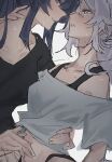  2girls black_shirt blush commentary eye_contact grey_hair grey_shirt hand_on_another's_neck hand_on_another's_waist highres honkai_(series) honkai_impact_3rd kiana_kaslana long_hair looking_at_another midriff moonsun77773 multiple_girls off-shoulder_shirt off_shoulder parted_lips purple_eyes purple_hair raiden_mei shirt simple_background sweat white_background yuri 