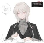  1girl black_coat black_vest blush chinese_commentary chinese_text closed_eyes closed_mouth coat coat_on_shoulders commentary_request dante_(limbus_company) dated_commentary faust_(project_moon) grey_sweater ivy_(675671) limbus_company long_sleeves out_of_character paper project_moon ribbed_sweater short_hair simple_background smile sweater translation_request turtleneck turtleneck_sweater vest white_background white_hair 