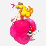  ! 1girl alternate_costume alternate_form ass bikini bikini_top_only blonde_hair blue_eyes breasts cheep_cheep crown earrings facial_hair fapo grey_background hat highres huge_ass huge_breasts jewelry long_hair mario_(series) mermaid monster_girl mustache pink_bikini princess_peach red_hat simple_background speech_bubble sphere_earrings swimsuit 