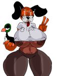 anatid anseriform anthro avian big_breasts bird black_eyes bottomwear breasts canid canine canis clothing domestic_dog duck duck_hunt duck_hunt_dog duo female gesture hand_gesture huge_breasts mammal nintendo orange_body pants shirt tongue tongue_out topwear v_sign wannapossums