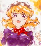  1girl blonde_hair blush bow bowtie breasts collared_dress contrast_collar dress excited hair_between_eyes hat long_sleeves looking_at_viewer maribel_hearn marker_(medium) mob_cap open_mouth purple_dress purple_eyes red_bow red_bowtie reitaisai sanwa_no_jako_(daikichi_club) sleeve_cuffs solo teeth touhou traditional_media upper_teeth_only white_hat 