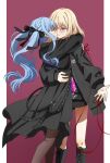  2girls arms_around_neck bang_dream! bang_dream!_it's_mygo!!!!! black_boots black_coat black_jacket black_pantyhose black_ribbon black_shirt blonde_hair blue_hair blush boots closed_mouth coat commentary eye_contact hair_ribbon highres jacket looking_at_another medium_hair misumi_uika multiple_girls pantyhose parted_lips purple_eyes ribbon shirt smile string string_of_fate togawa_sakiko two_side_up yellow_eyes yuri yuyu_(oiun461) 