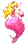  ! 1girl alternate_costume alternate_form ass bikini bikini_top_only blonde_hair blue_eyes breasts crown earrings fapo highres huge_ass jewelry large_breasts long_hair looking_back mario_(series) mermaid monster_girl pink_bikini princess_peach simple_background solo sphere_earrings swimsuit white_background 