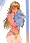  1girl artist_name bikini blonde_hair body_freckles cowboy_shot dated drying earrings freckles from_side green_bikini highres holding holding_towel jewelry long_hair looking_at_viewer looking_to_the_side navel original pointy_ears solo sunna_(nilsunna) swimsuit towel yellow_eyes 