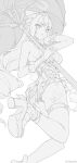  1girl absurdres arm_up ass bare_shoulders bow braid breasts casual_one-piece_swimsuit commentary english_commentary fingernails greyscale hair_bow half_up_braid high_heels highres holding holding_umbrella large_breasts long_hair looking_at_viewer looking_back mikazon mole mole_under_eye monochrome official_alternate_costume one-piece_swimsuit parasol pointy_ears sidelocks simple_background sketch solo swimsuit thigh_strap thighs twisted_torso twitter_username umbrella very_long_hair vivian_banshee vivian_banshee_(iris_of_the_shore) white_background zenless_zone_zero 