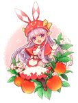  1girl animal_ear_headwear animal_ears apple black_pantyhose blush capelet commentary_request dress flower food fruit full_body gloves gobaku_no_hito hat leaf long_hair looking_at_viewer open_mouth pantyhose pointy_ears poring purple_eyes purple_hair rabbit_ears ragnarok_masters ragnarok_online red_capelet red_hat red_shoes shoes slime_(creature) smile solo waving white_background white_dress white_flower white_gloves 
