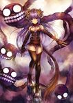  breasts choker cleavage elbow_gloves fingerless_gloves gloves kara_(color) long_hair medium_breasts original pointy_ears purple_hair solo tail teeth thighhighs 