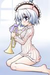  akou_roushi alternate_costume bare_legs barefoot blue_eyes blue_hair blush body_blush bottomless cleaning hat instrument merlin_prismriver naked_sweater no_pants revision ribbed_sweater short_hair sitting solo sweater touhou trumpet wariza 