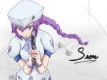  1girl 4rcher barrel_replica_(type-moon) beret blonde_hair bracelet braid breasts bullet_hole character_name glint gun hair_between_eyes handgun hat holding holding_gun holding_weapon jewelry long_hair looking_at_viewer melty_blood official_alternate_color open_mouth purple_hair shirt single_braid sion_eltnam_(type-moon) sion_eltnam_atlasia skirt tsukihime very_long_hair weapon white_shirt white_skirt 