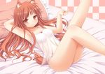  animal_ears ass beckoning bed blush breasts brown_eyes brown_hair camisole come_hither fox_ears fox_tail frilled_pillow frills lingerie long_hair looking_at_viewer lying on_back original panties pillow see-through shiny shiny_skin shirt small_breasts smile solo tail taut_clothes taut_shirt underwear underwear_only white_panties yuu_(yu0221f) 