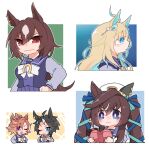  5girls ;) ;d ahoge animal_ears beer_hsk beret black_hair blonde_hair blue_eyes blue_hair blue_ribbon bow breasts brown_hair chibi closed_mouth commentary_request crown fuji_kiseki_(umamusume) hair_between_eyes hair_ribbon hand_on_own_hip hat horse_ears horse_girl horse_tail long_hair long_sleeves medium_breasts mini_crown multicolored_hair multiple_girls neo_universe_(umamusume) one_eye_closed pleated_skirt puffy_long_sleeves puffy_sleeves purple_eyes purple_shirt purple_skirt red_eyes ribbon school_uniform shirt sirius_symboli_(umamusume) skirt smile t.m._opera_o_(umamusume) tail tracen_school_uniform twintails two-tone_hair umamusume v-shaped_eyebrows very_long_hair vivlos_(umamusume) white_bow white_hat 