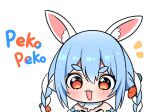  1girl animal_ears blue_hair braid carrot_hair_ornament character_name commentary_request don-chan_(usada_pekora) dress food-themed_hair_ornament hair_ornament highres hololive kumarang looking_at_viewer orange_eyes rabbit_ears rabbit_girl short_eyebrows solo twin_braids usada_pekora usada_pekora_(1st_costume) virtual_youtuber white_dress 