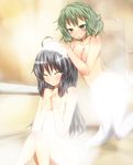  ahoge bad_id bad_pixiv_id bathroom bathtub blush breasts censored closed_eyes collarbone convenient_censoring flat_chest ghost_tail green_eyes green_hair grey_hair long_hair medium_breasts mononobe_no_futo multiple_girls multiple_tails nonono_(mino) nude short_hair sitting small_breasts soap soap_bubbles soga_no_tojiko steam steam_censor tail touhou washing washing_hair 