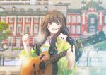  1girl :d acoustic_guitar animification blurry blurry_background brown_hair collarbone commentary_request green_jacket guitar highres holding holding_guitar holding_instrument instrument jacket kan_kanna l9525 long_hair looking_at_viewer open_clothes open_jacket open_mouth outdoors real_life see-through_clothes see-through_jacket shirt smile solo sticker teeth three-quarter_sleeves upper_body upper_teeth_only voice_actor white_shirt 