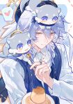  1boy absurdres animal_on_head animal_on_shoulder blue_hair blue_hat blue_vest chimera_(honkai:_star_rail) closed_mouth collared_shirt commentary earrings feathered_wings feeding food hair_between_eyes hair_over_shoulder halo halo_behind_head hat head_wings heart highres holding holding_food holding_spoon honkai:_star_rail honkai_(series) jewelry long_hair long_sleeves male_focus on_head piercing pudding ring school_uniform shirt solo spoken_heart spoon sunday_(brilliant_youth)_(honkai:_star_rail) sunday_(honkai:_star_rail) symbol-only_commentary upper_body vest weibo_5516321954 white_shirt white_wings wing_piercing wings yellow_eyes 