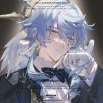  1boy 2025 absurdres ascot black_bow black_bowtie black_suit blue_hair bow bowtie chinese_commentary closed_mouth collared_shirt commentary_request earrings eyes_visible_through_hair gloves gold_earrings hair_intakes hair_over_one_eye hair_over_shoulder halo halo_behind_head hand_up head_wings highres honkai:_star_rail honkai_(series) jewelry long_hair long_sleeves looking_at_viewer male_focus official_alternate_costume piercing portrait shirt solo suit sunday_(honkai:_star_rail) sunday_(star_rail_live_2025)_(honkai:_star_rail) watermark weibo_5516321954 white_ascot white_gloves white_shirt white_wings wing_piercing wings 