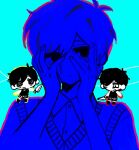  2boys :d antenna_hair aqua_background bare_arms black_eyes black_hair black_tank_top chibi_on_shoulder clenched_teeth closed_mouth collared_shirt covering_face crying crying_with_eyes_open dual_persona empty_eyes expressionless fingernails grin hair_between_eyes hands_on_own_cheeks hands_on_own_face hands_up holding holding_knife jitome knife looking_at_viewer male_focus multiple_boys no_pupils official_alternate_eye_color omori omori_(omori) outline red_outline rou_(h_s_sinrin) shirt short_hair short_sleeves simple_background smile sunny_(omori) sweater_vest swept_bangs tank_top tears teeth very_short_hair white_eyes yellow_outline 
