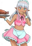  1girl :p absurdres alternate_costume apron bare_shoulders blue_eyes blunt_bangs boned_meat breasts commentary_request cowboy_shot crop_top dark-skinned_female dark_elf dark_skin elf enmaided food grey_hair hand_to_own_mouth highres holding holding_plate karla_(kono_healer_mendokusai) kono_healer_mendokusai long_hair looking_at_viewer maid maid_apron maid_headdress meat midriff navel official_art pink_skirt plate pointy_ears shirt skirt sleeveless sleeveless_shirt small_breasts solo stomach tannen_ni_hakkou tongue tongue_out white_apron white_background white_wrist_cuffs wrist_cuffs 