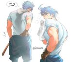 1boy absurdres antenna_hair biceps blue_eyes blue_hair brown_gloves clothes_around_waist english_text from_behind gloves hashtag-only_commentary highres holding holding_towel honkai:_star_rail honkai_(series) jacket jacket_around_waist latteoo16 looking_at_viewer looking_back male_focus multiple_views muscular muscular_male phainon_(honkai:_star_rail) puff_of_air shirt short_hair speech_bubble sweat teeth towel towel_around_neck twitter_username wet wet_clothes wet_shirt 
