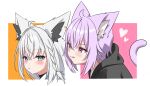  2girls ahoge animal_ear_fluff animal_ears black_hoodie blush cat_ears cat_girl cat_tail closed_mouth commentary_request fox_ears fox_girl highres hololive hood hoodie kumarang looking_at_viewer multiple_girls nekomata_okayu nekomata_okayu_(1st_costume) purple_eyes purple_hair shirakami_fubuki shirakami_fubuki_(1st_costume) smile tail tongue tongue_out virtual_youtuber white_hair 