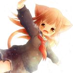  :d animal_ears bangs blunt_bangs breath brown_hair cat_ears cat_tail fangs kotohisa_kao long_hair looking_at_viewer looking_down open_mouth orange_hair original outstretched_arms pleated_skirt school_uniform serafuku skirt smile snowing solo spread_arms sweater tail tareme 