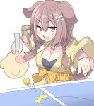  1girl animal_ears ball blush bone_hair_ornament braid breasts brown_eyes brown_hair cartoon_bone cleavage commentary dog_ears dog_girl dog_tail fangs hair_ornament highres hololive inugami_korone jitome large_breasts listener_(inugami_korone) long_hair nail_polish open_mouth simple_background solo table_tennis table_tennis_ball tail twin_braids umberblack v-shaped_eyebrows white_background yellow_nails 