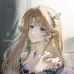  1girl bare_shoulders beryl_bouanich blonde_hair blue_eyes blurry blurry_background commentary_request crescent crescent_earrings crystal_earrings curtains dragonfly_hair_ornament earrings floating_earrings jewelry long_hair looking_up mismatched_earrings off_shoulder portrait qingyi_jiang reverse:1999 sky smile solo white_sky 