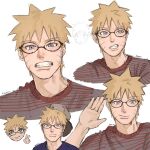  1boy alternate_costume artist_name backwards_hat baseball_cap black-framed_eyewear bleeehrghw blonde_hair blue_eyes blue_shirt brown_hat chibi chibi_inset clenched_teeth closed_mouth cropped_shoulders english_commentary facial_mark grey_shirt hat highres ibispaint_(medium) looking_ahead male_focus naruto_(series) open_hand photo-referenced red_shirt round_eyewear shirt short_hair sketch sketch_inset spiked_hair striped_clothes striped_shirt teeth two-tone_shirt uzumaki_naruto v vertical-striped_clothes vertical-striped_shirt waving whisker_markings white_background 