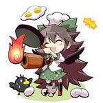  arm_cannon bird black_hair black_wings blush_stickers bow chef_hat chibi closed_eyes cooking egg fire flipping_food food frying_pan givuchoko hair_bow happy hat long_hair mundane_utility reiuji_utsuho skirt solo third_eye toque_blanche touhou weapon wings 