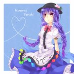  alternate_hairstyle bad_id bad_pixiv_id blue_hair braid character_name food fruit hat heart heart_of_string hinanawi_tenshi ikeda_hazuki long_hair peach purple_hair red_eyes smile solo touhou twin_braids 