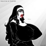  black_hair blue_eyes breasts clothing corruption_of_champions drooling female hair huge_breasts huge_lips jacques00 nipples nun saliva scylla scylla_(coc) tight_clothing 