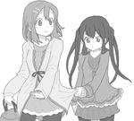  bag blouse blush casual clothes_grab drawr greyscale hair_ornament hairclip hirasawa_yui k-on! kuzu_kow long_hair looking_down monochrome multiple_girls nakano_azusa o3o pantyhose short_hair shy skirt smile twintails 