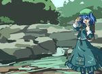  arm_up backpack bag blue_eyes blue_hair hair_bobbles hair_ornament hat kawashiro_nitori key open_mouth river shishamo@ short_hair smile solo touhou two_side_up water 