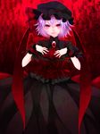  alternate_color alternate_costume ascot bad_id bad_pixiv_id black_dress dress hands_on_own_chest hat pink_eyes purple_hair remilia_scarlet slit_pupils smile solo touhou wings wrist_cuffs yutazou 