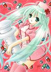  asapon dress green_eyes green_hair hat hatsune_miku koiiro_byoutou_(vocaloid) large_syringe long_hair marker_(medium) nurse nurse_cap oversized_object pill pink_legwear solo syringe thighhighs traditional_media twintails very_long_hair vocaloid 