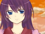  bad_id bad_pixiv_id bakemonogatari blue_eyes blush long_hair monogatari_(series) purple_hair senjougahara_hitagi sky smile solo sorakase_sawa upper_body 